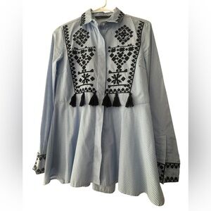 Zara Pinstripe Button Up Embroidered Top Peplum Tassels Blue & White Size XS